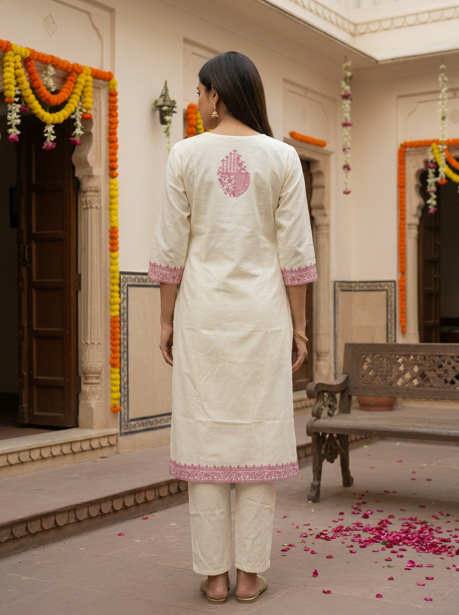 Ivory Cream Embroidered Cotton-Linen Kurta Set with Dupatta – 3 Piece Suit