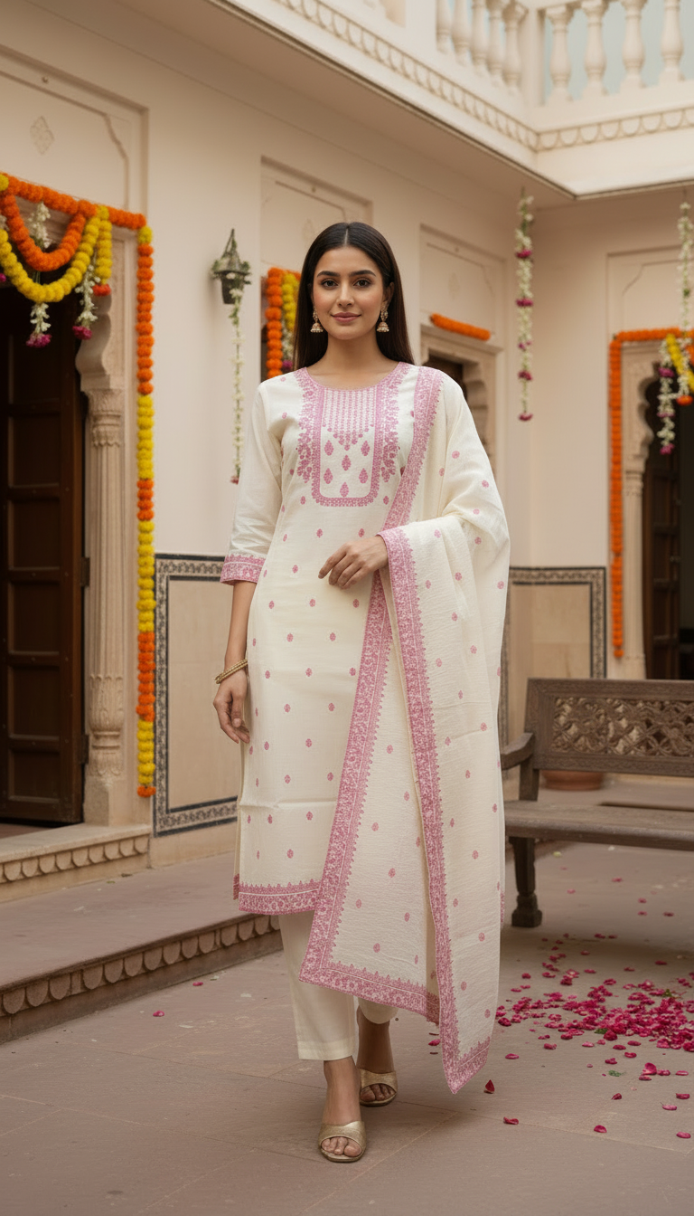 Ivory Cream Embroidered Cotton-Linen Kurta Set with Dupatta – 3 Piece Suit