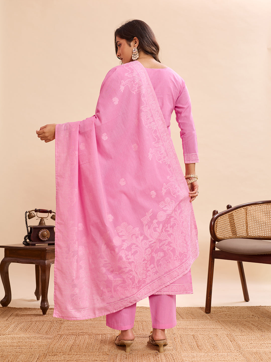 Candy Pink Nature-Inspired Floral & Peacock Embroidered Straight Suit Set (Set of 3)