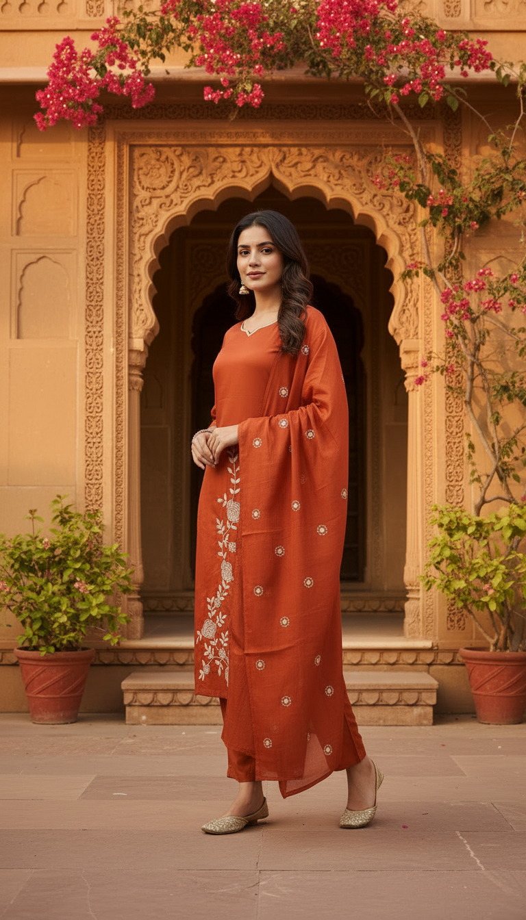 Rust Orange Asymmetric Floral Embroidered Cotton-Linen Kurta Set – 3 Piece Suit