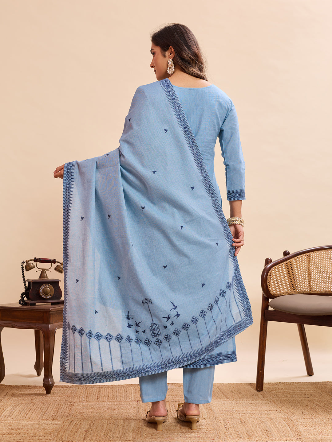 Serene Powder Blue Embroidered Cotton-Linen Kurta Set with Dupatta – 3 Piece Suit