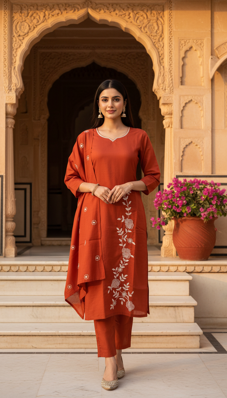 Rust Orange Asymmetric Floral Embroidered Cotton-Linen Kurta Set – 3 Piece Suit