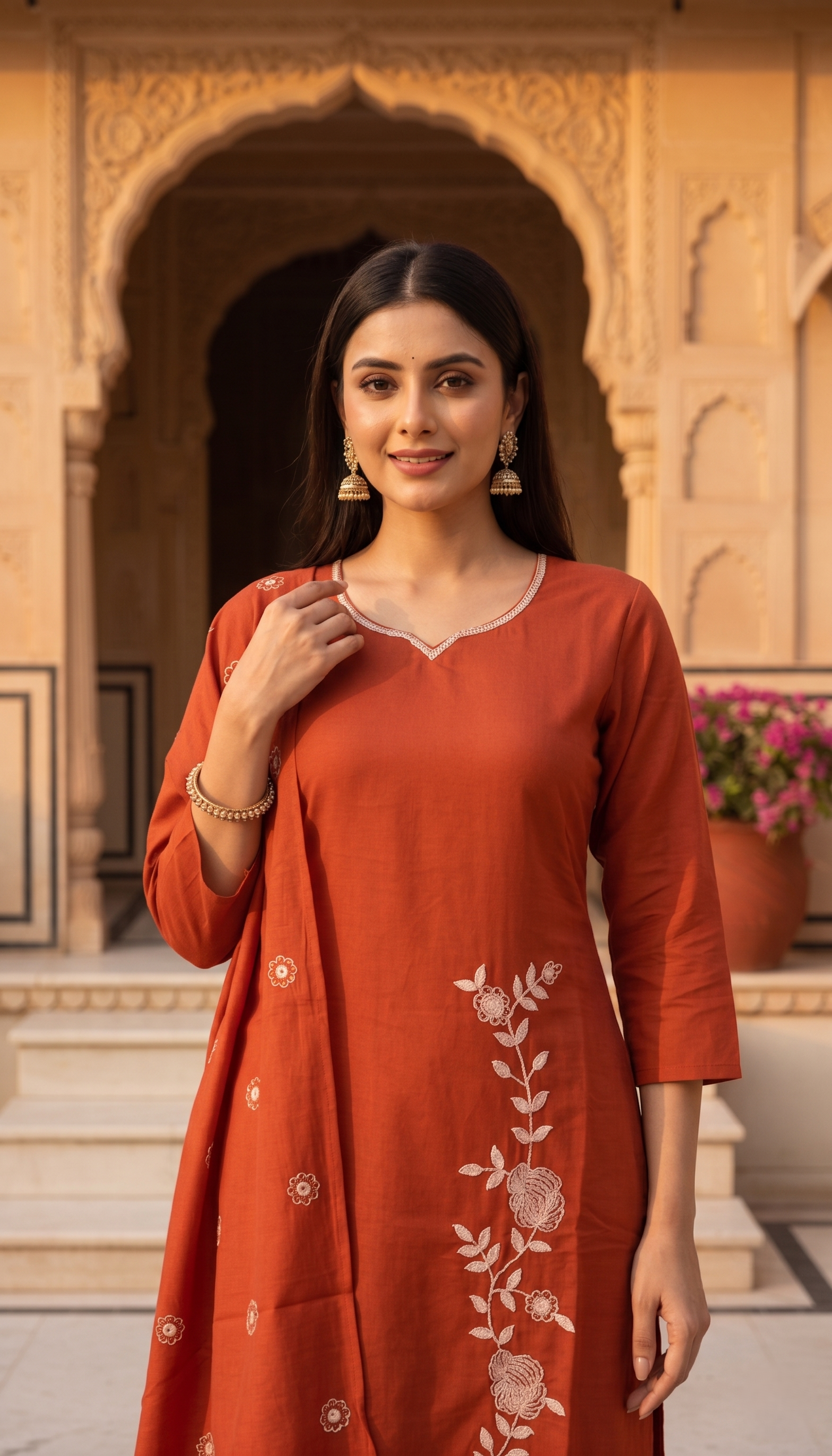 Rust Orange Asymmetric Floral Embroidered Cotton-Linen Kurta Set – 3 Piece Suit