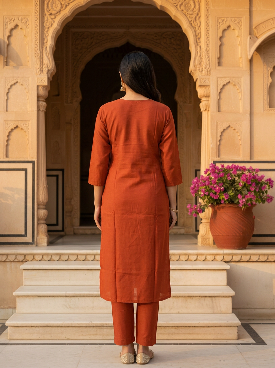 Rust Orange Asymmetric Floral Embroidered Cotton-Linen Kurta Set – 3 Piece Suit