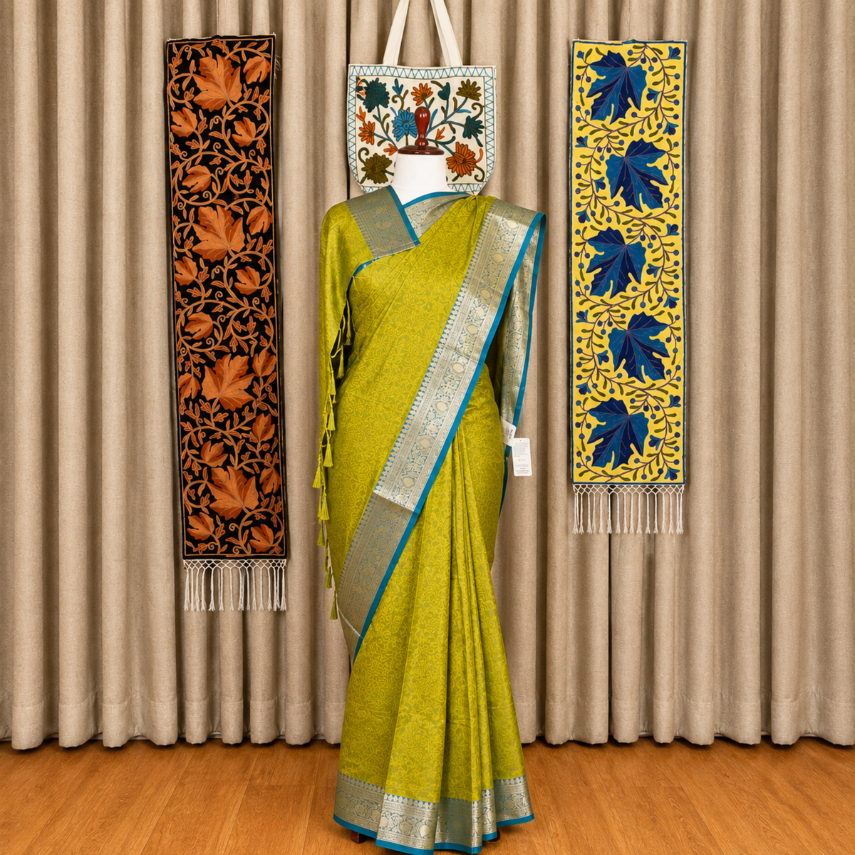 Kashlure Lime Green Banarasi Jacquard Silk Saree