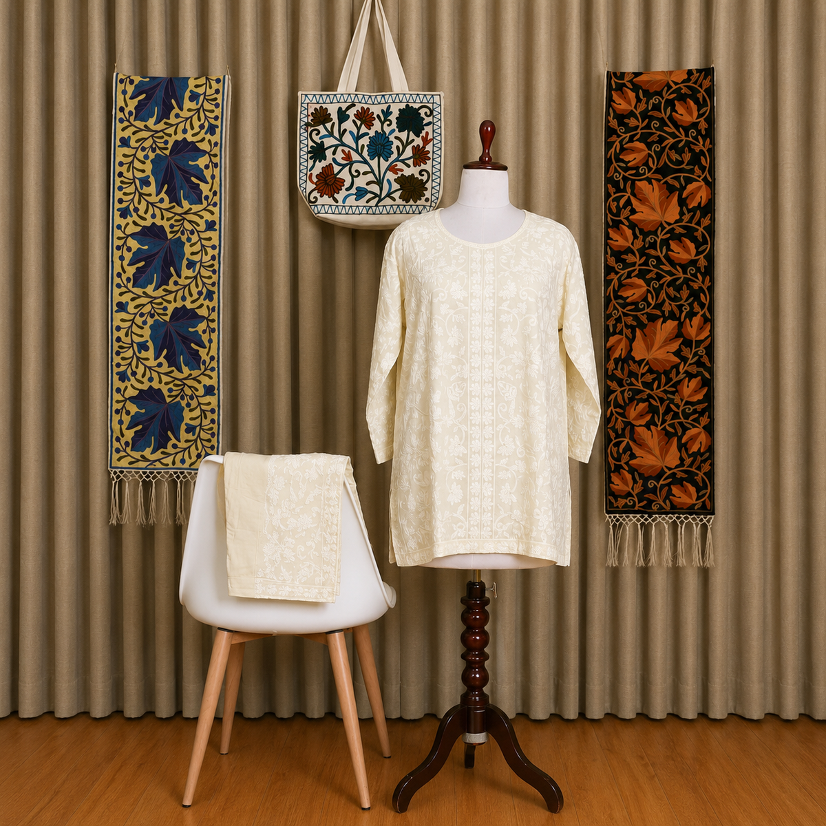 Classic Black & White Kashmiri Aari Embroidered Short Suit Set | Kashlure