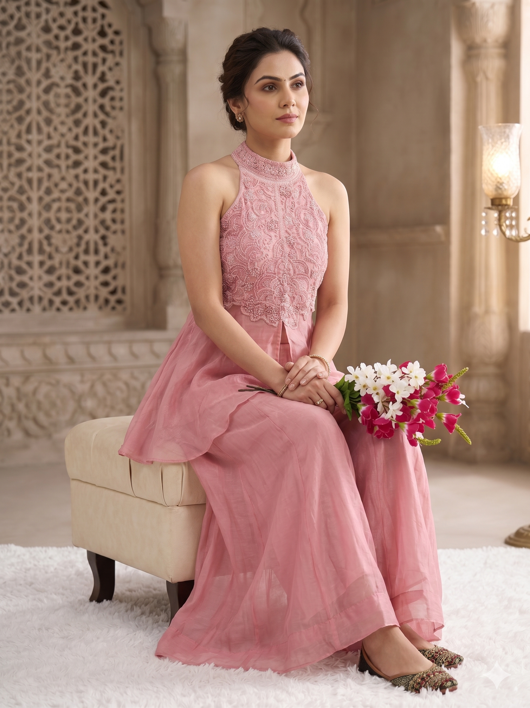 Blush Pink Embroidered Peplum Top with Palazzo Co-Ord Set