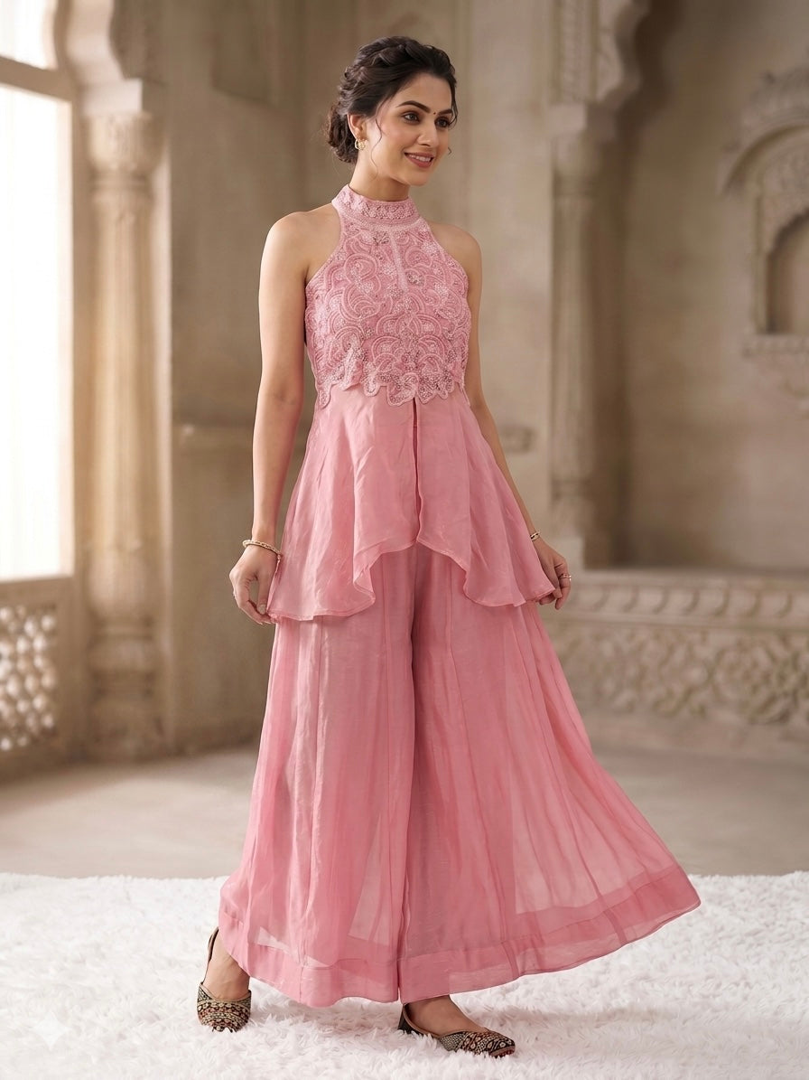 Blush Pink Embroidered Peplum Top with Palazzo Co-Ord Set