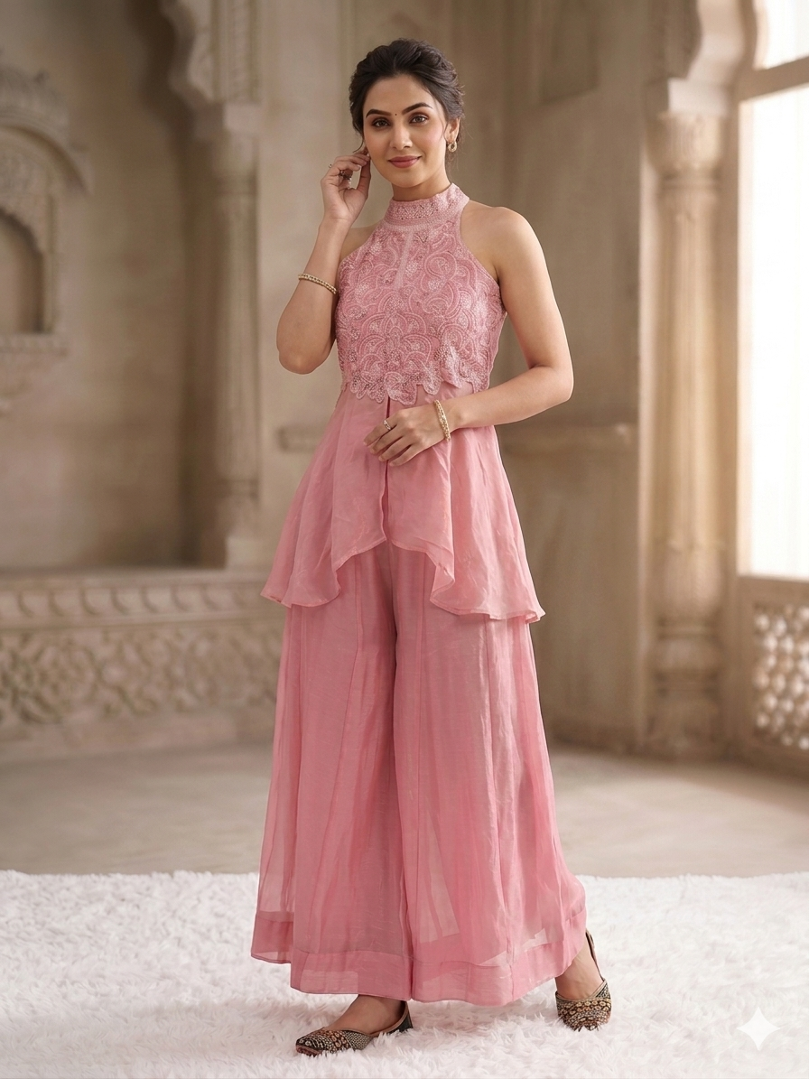 Blush Pink Embroidered Peplum Top with Palazzo Co-Ord Set