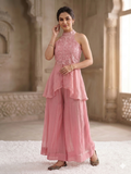 Blush Pink Embroidered Peplum Top with Palazzo Co-Ord Set