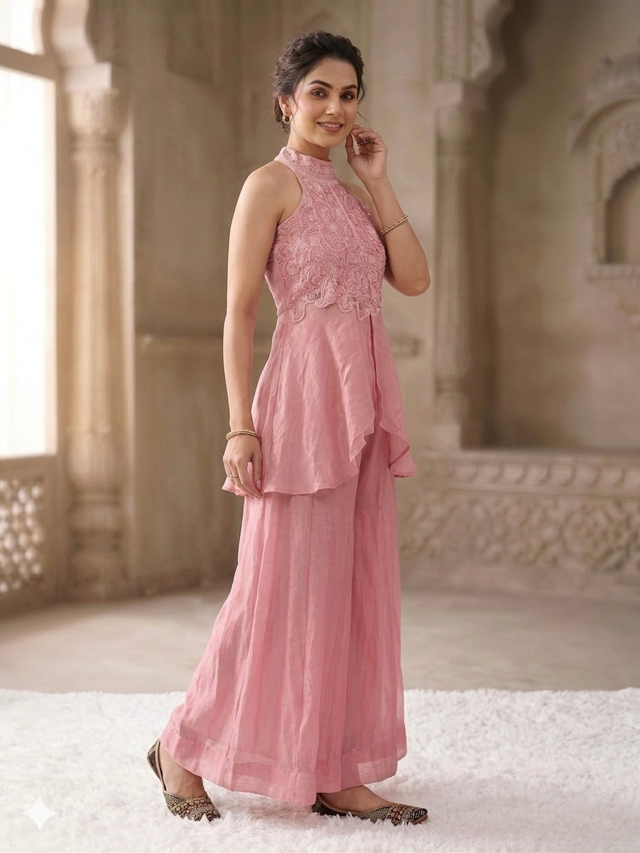 Blush Pink Embroidered Peplum Top with Palazzo Co-Ord Set