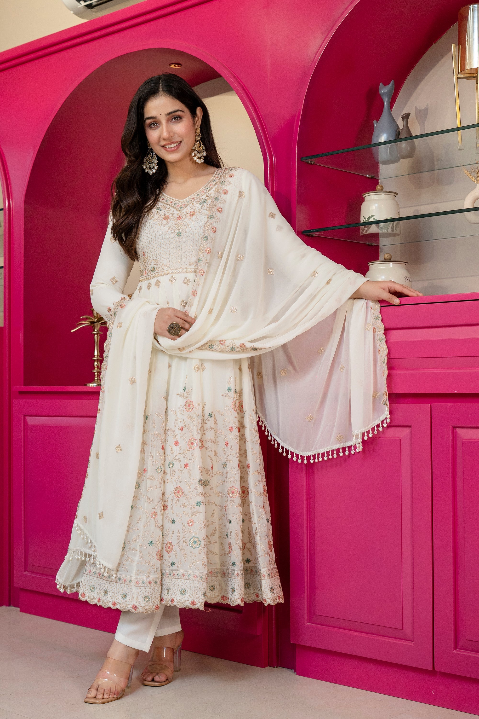 Off-White Floral Anarkali Suit – 3 Piece Set with Straight Pants