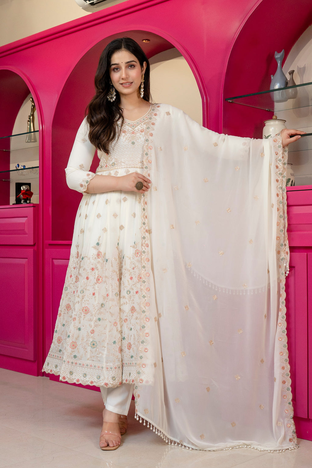Off-White Floral Anarkali Suit – 3 Piece Set with Straight Pants