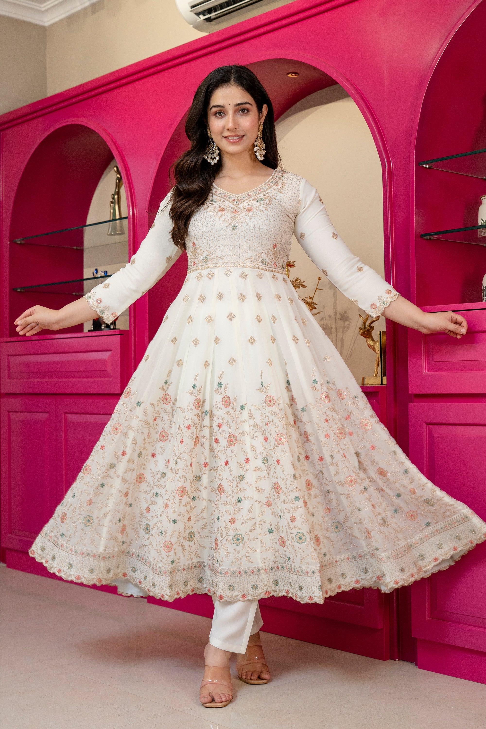 Off-White Floral Anarkali Suit – 3 Piece Set with Straight Pants