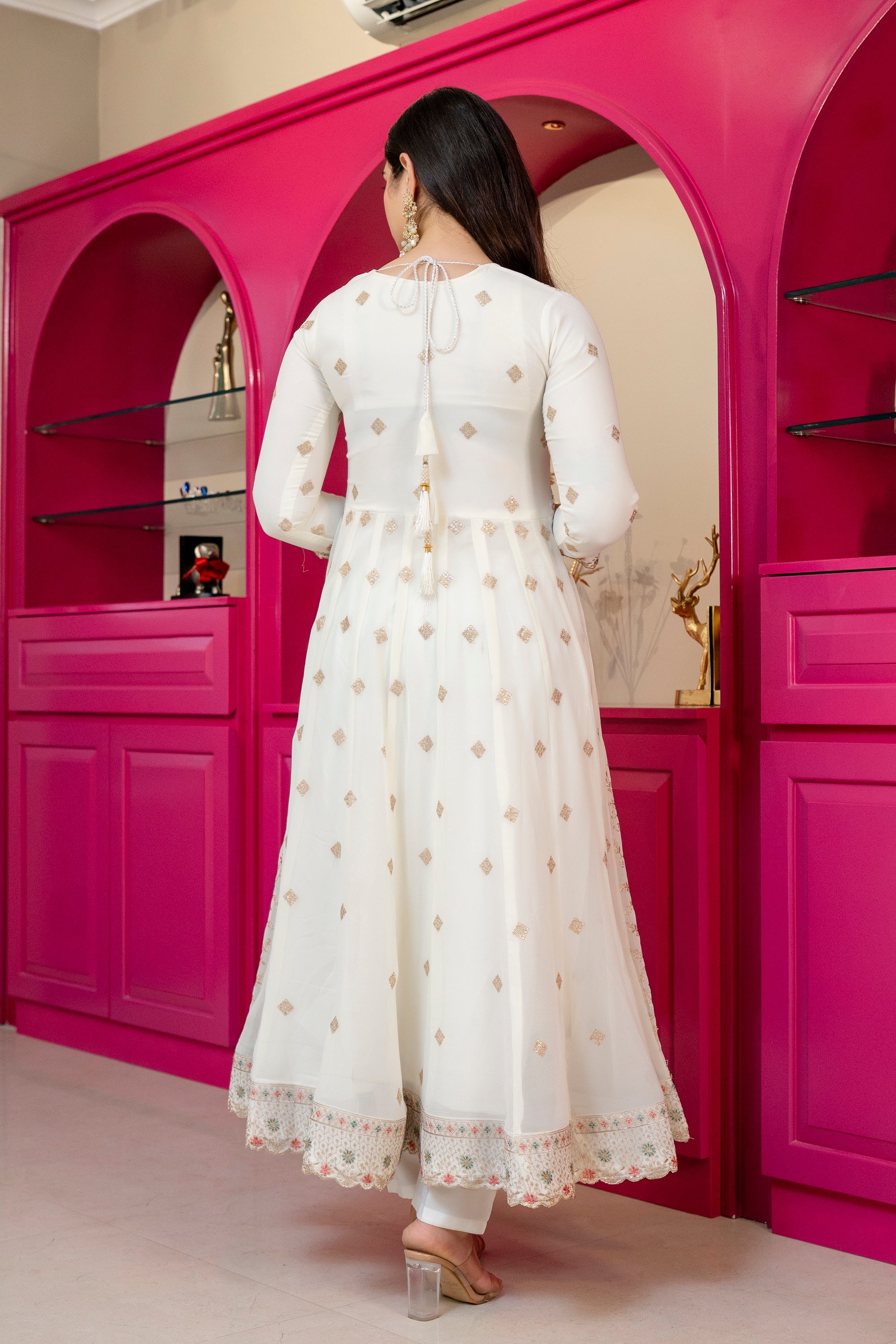 Off-White Floral Anarkali Suit – 3 Piece Set with Straight Pants