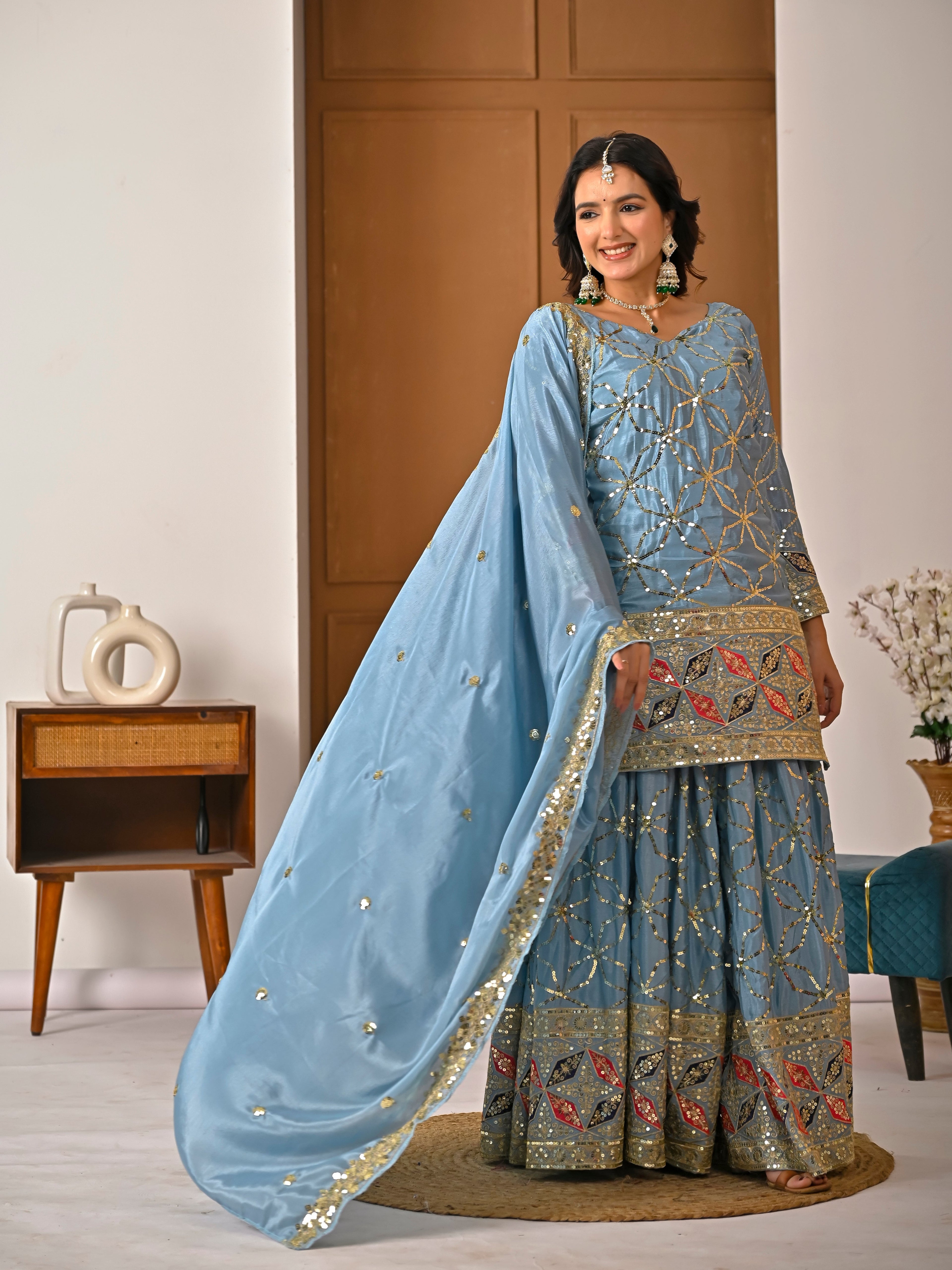 Dusty Blue Silk Sharara Set – Heavy Festive Mirror Work 3-Piece Suit