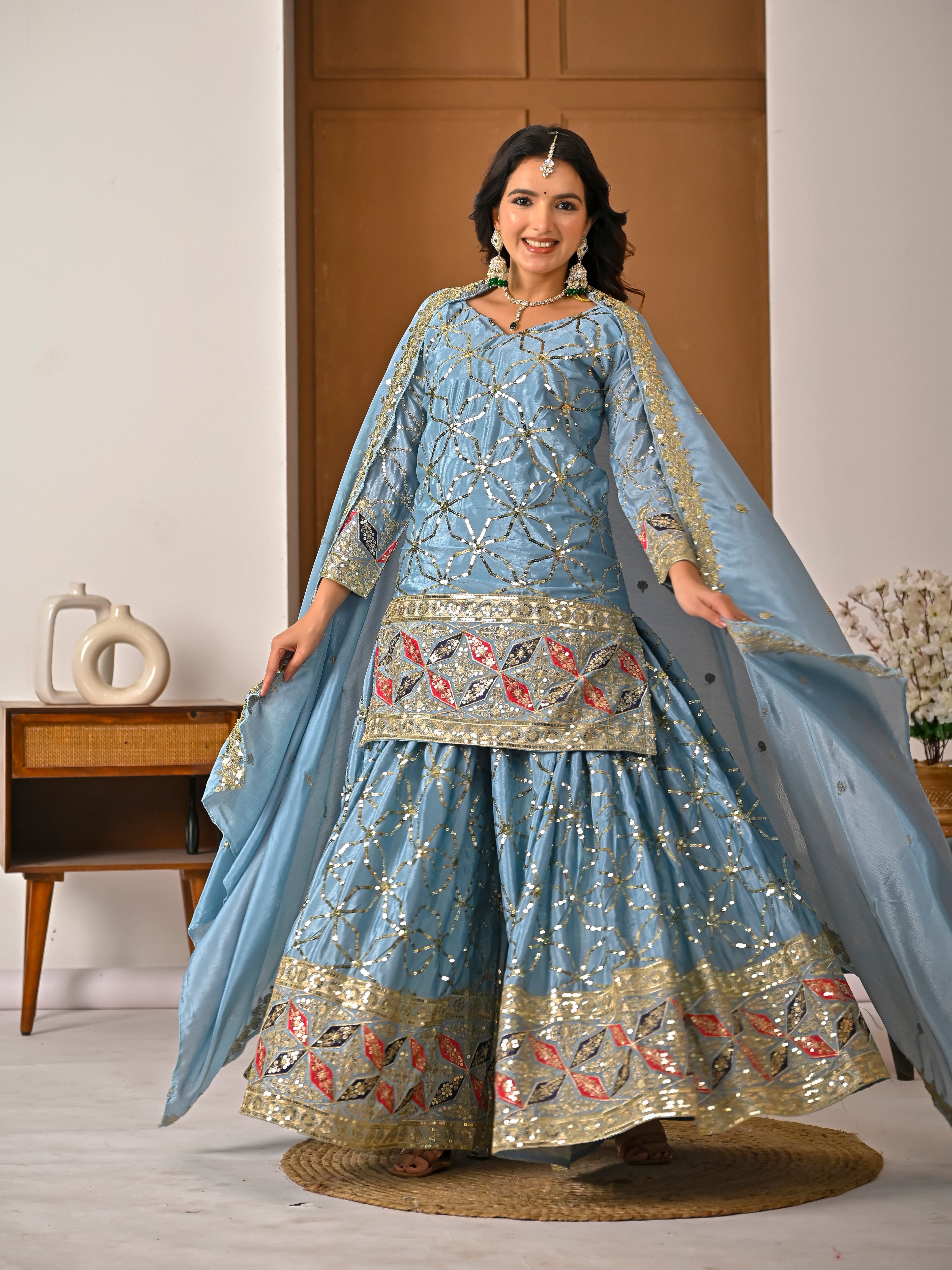 Dusty Blue Silk Sharara Set – Heavy Festive Mirror Work 3-Piece Suit