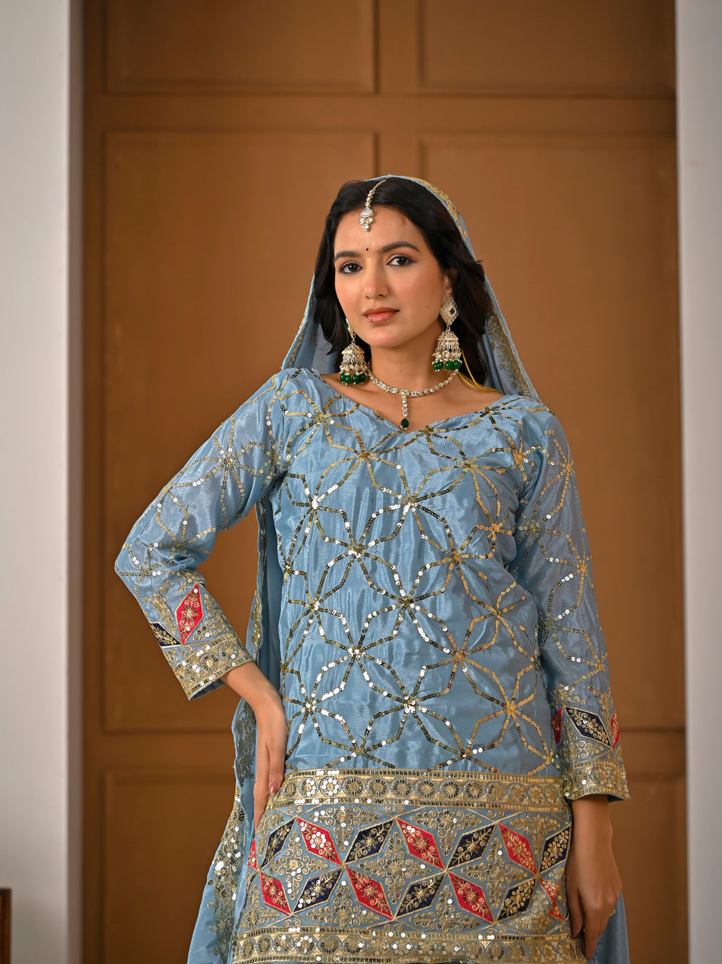 Dusty Blue Silk Sharara Set – Heavy Festive Mirror Work 3-Piece Suit