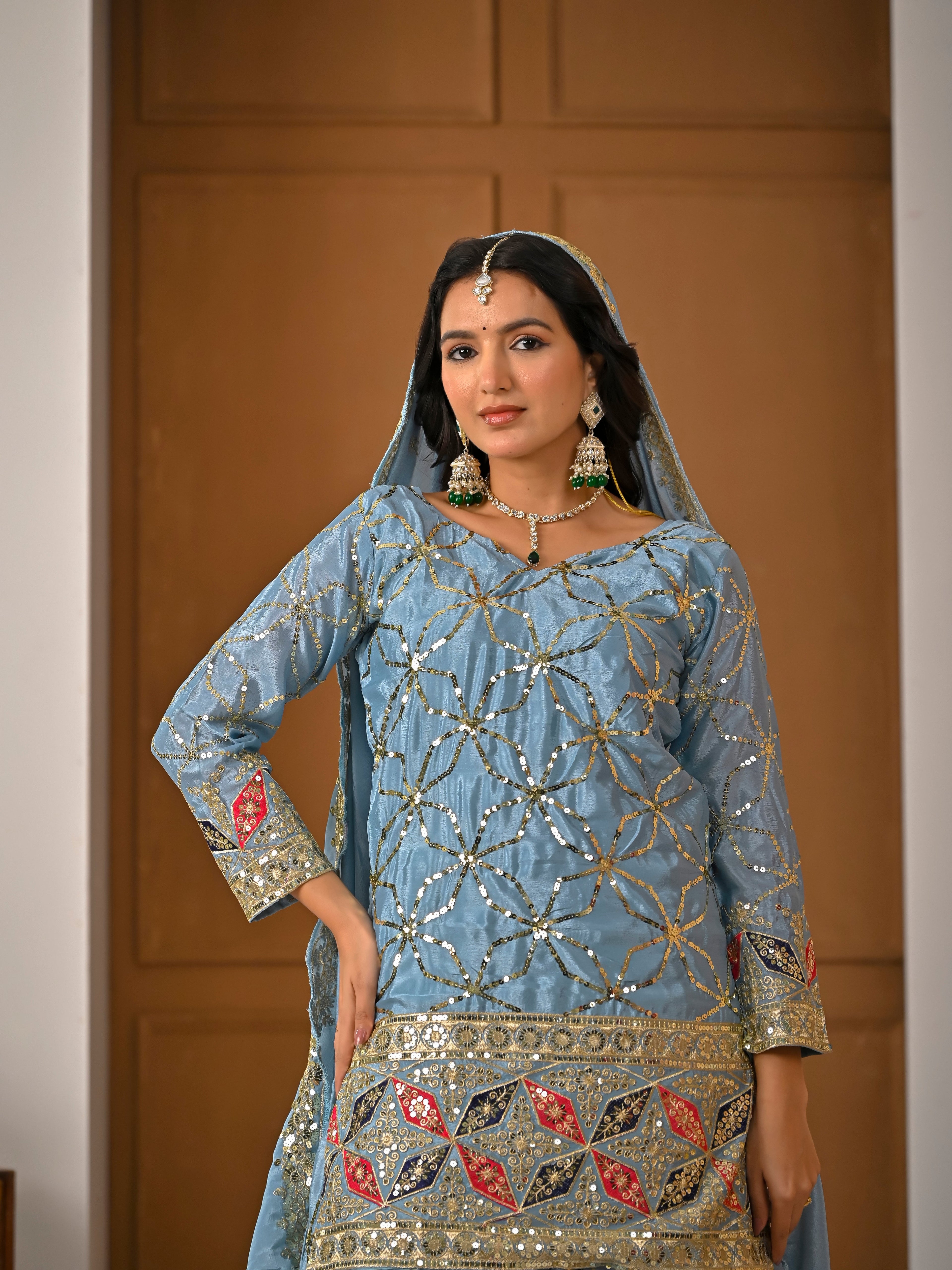 Dusty Blue Silk Sharara Set – Heavy Festive Mirror Work 3-Piece Suit