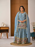 Dusty Blue Silk Sharara Set – Heavy Festive Mirror Work 3-Piece Suit