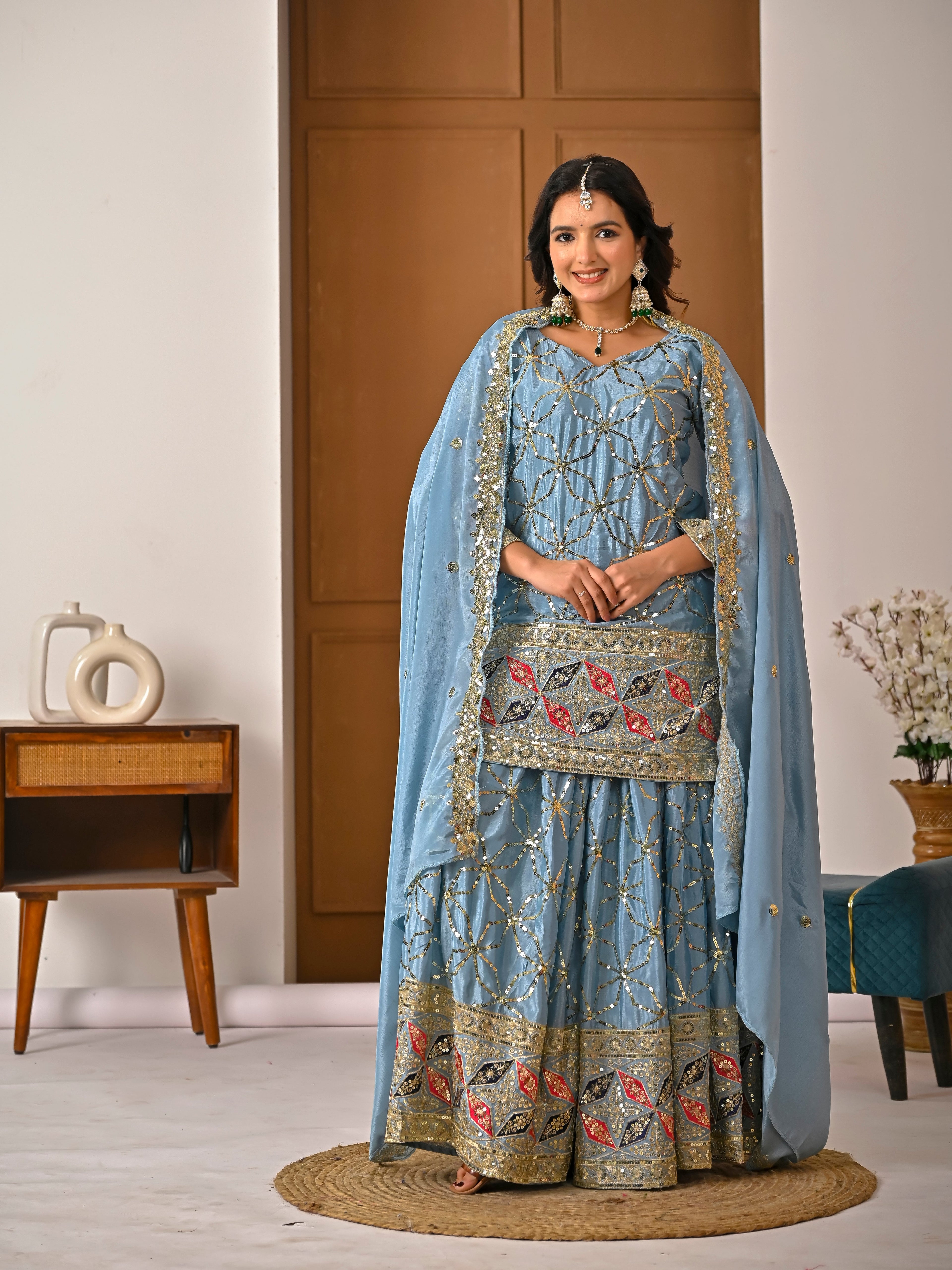 Dusty Blue Silk Sharara Set – Heavy Festive Mirror Work 3-Piece Suit