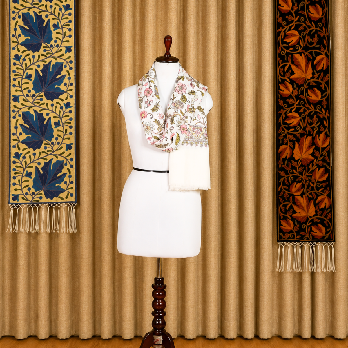 Off-White Floral Aari Work Pure Kashmiri Wool Shawl