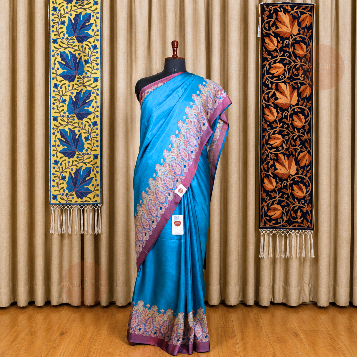 Kashlure Print Silk Teal Blue Saree with Kashmiri Jamawar Paisley Border