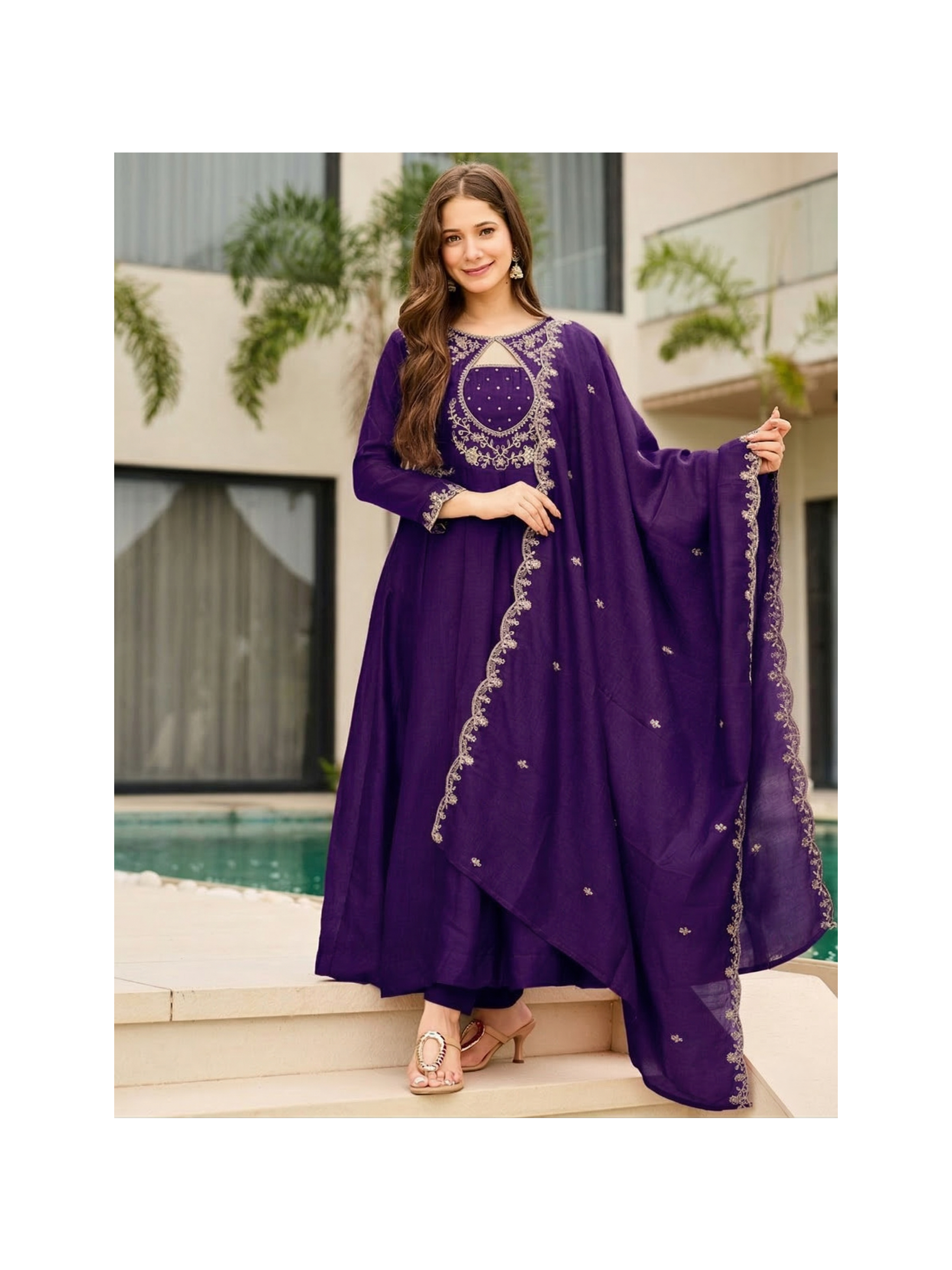 Royal Grape Purple Flared Anarkali Kurta Set with Keyhole Neckline – 3 Piece Suit