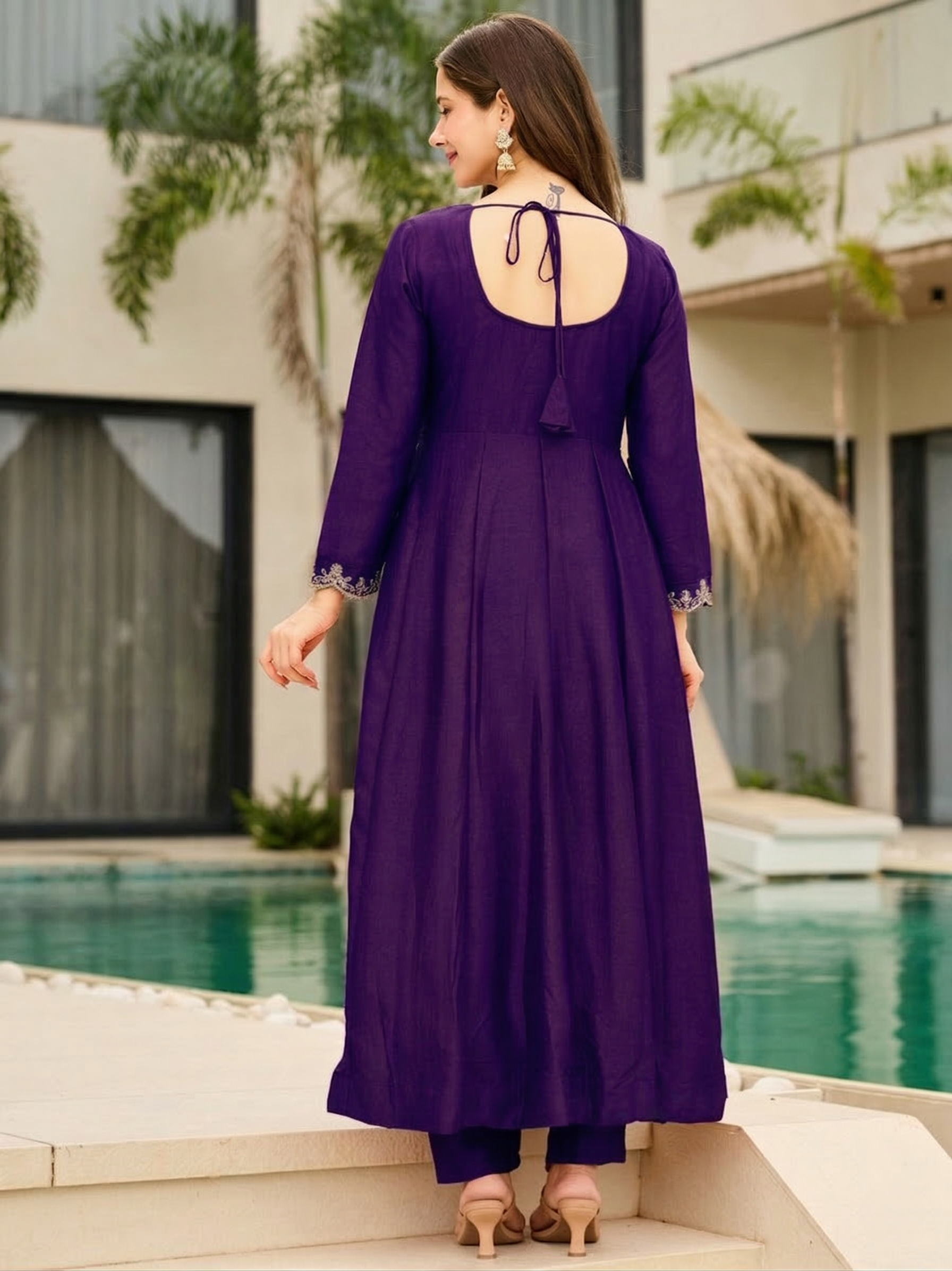 Royal Grape Purple Flared Anarkali Kurta Set with Keyhole Neckline – 3 Piece Suit
