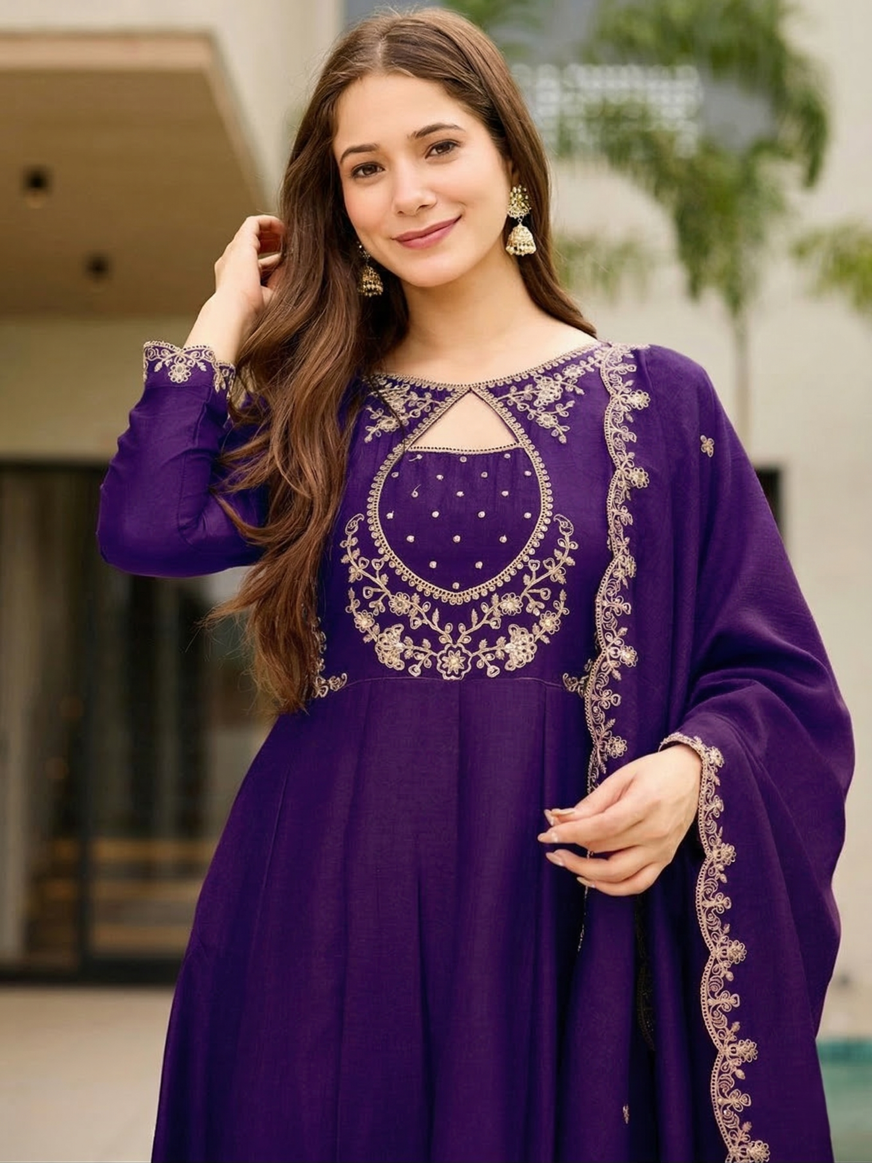Royal Grape Purple Flared Anarkali Kurta Set with Keyhole Neckline – 3 Piece Suit