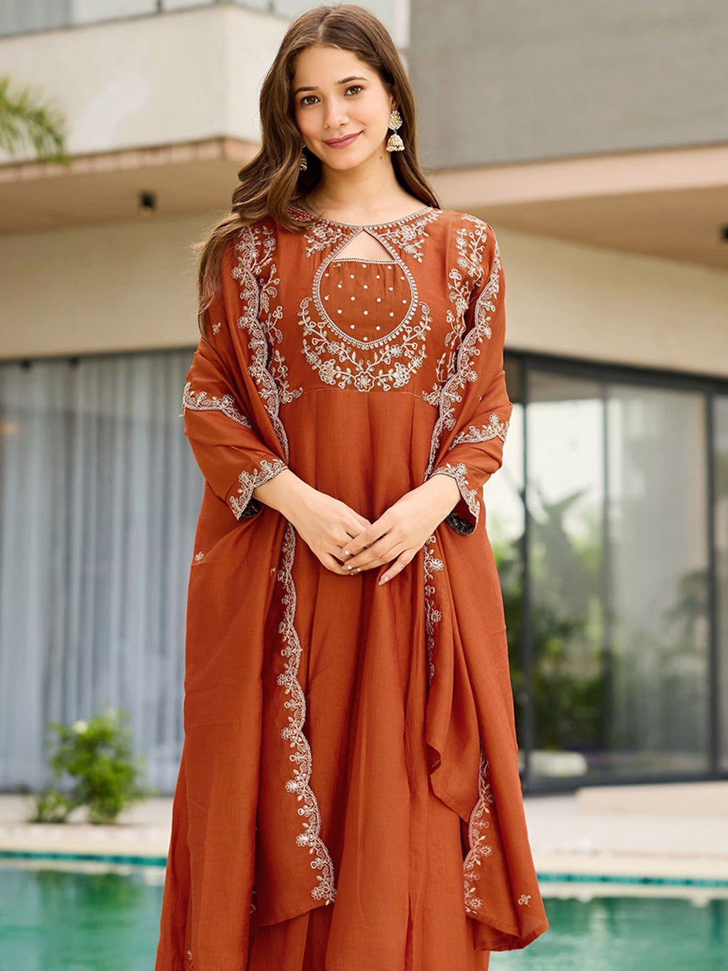 Burnt Orange Ornate Embroidered Kalidar Suit Set with Border Dupatta (Set of 3)