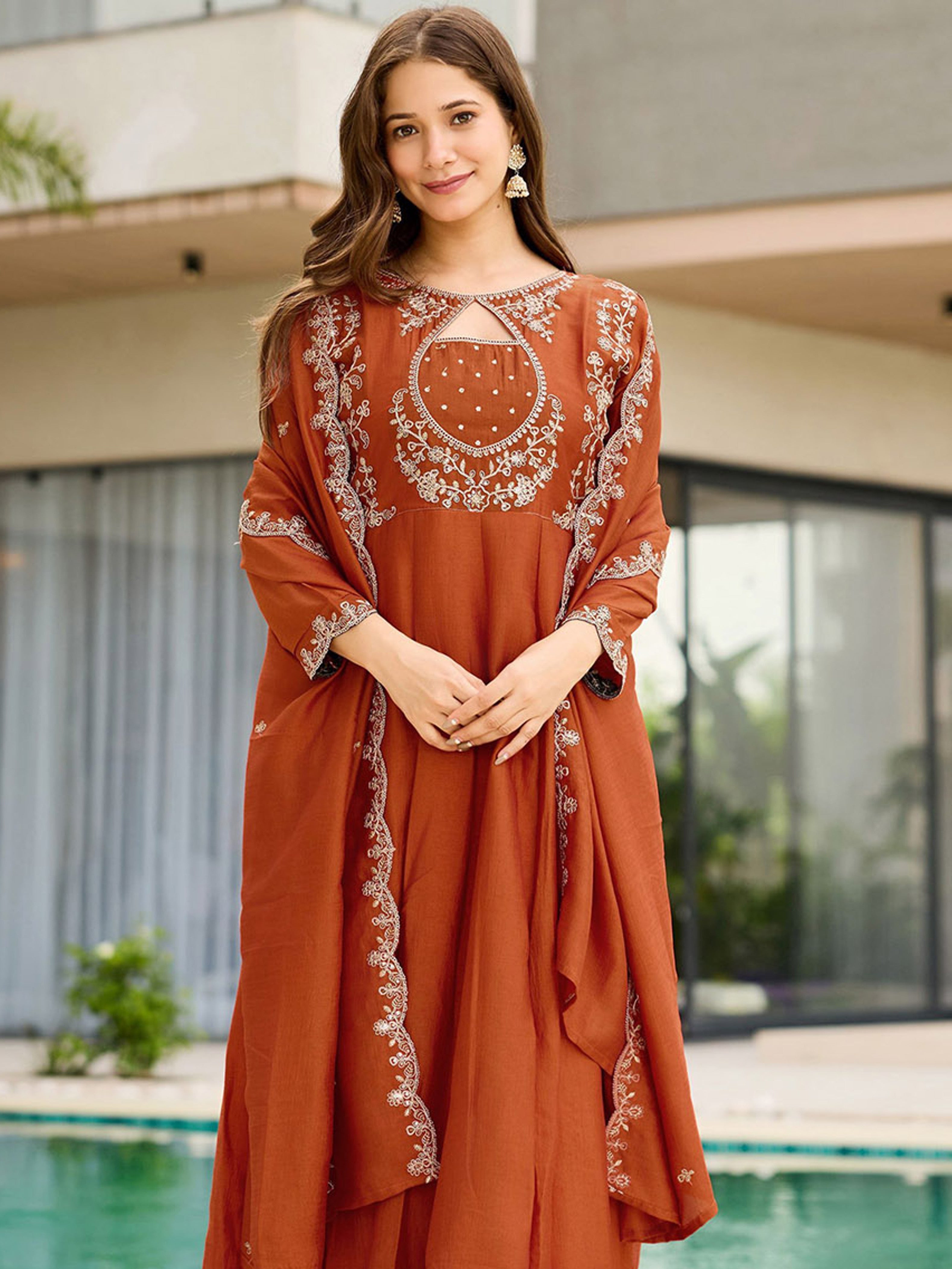 Burnt Orange Ornate Embroidered Kalidar Suit Set with Border Dupatta (Set of 3)
