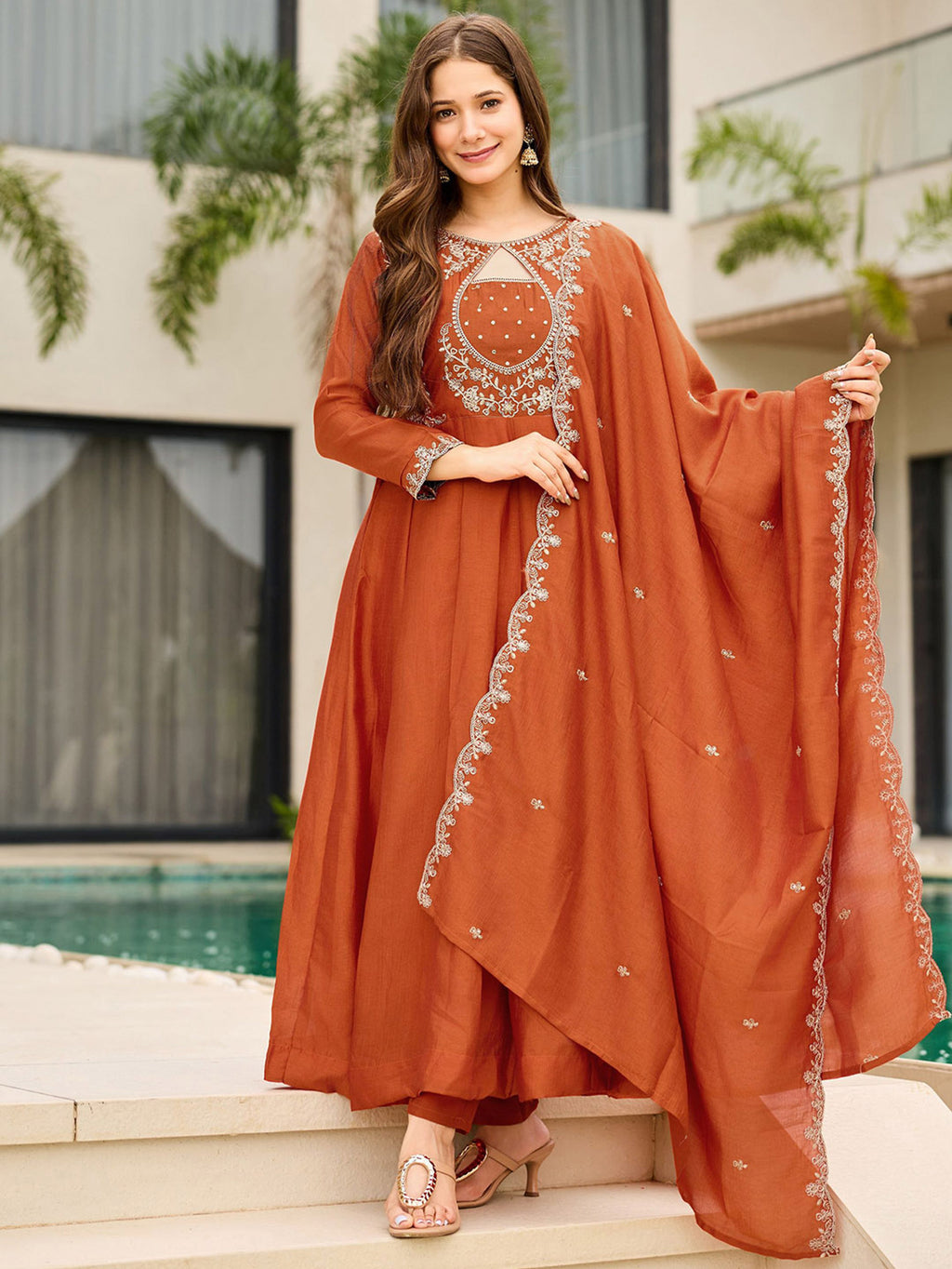 Burnt Orange Ornate Embroidered Kalidar Suit Set with Border Dupatta (Set of 3)