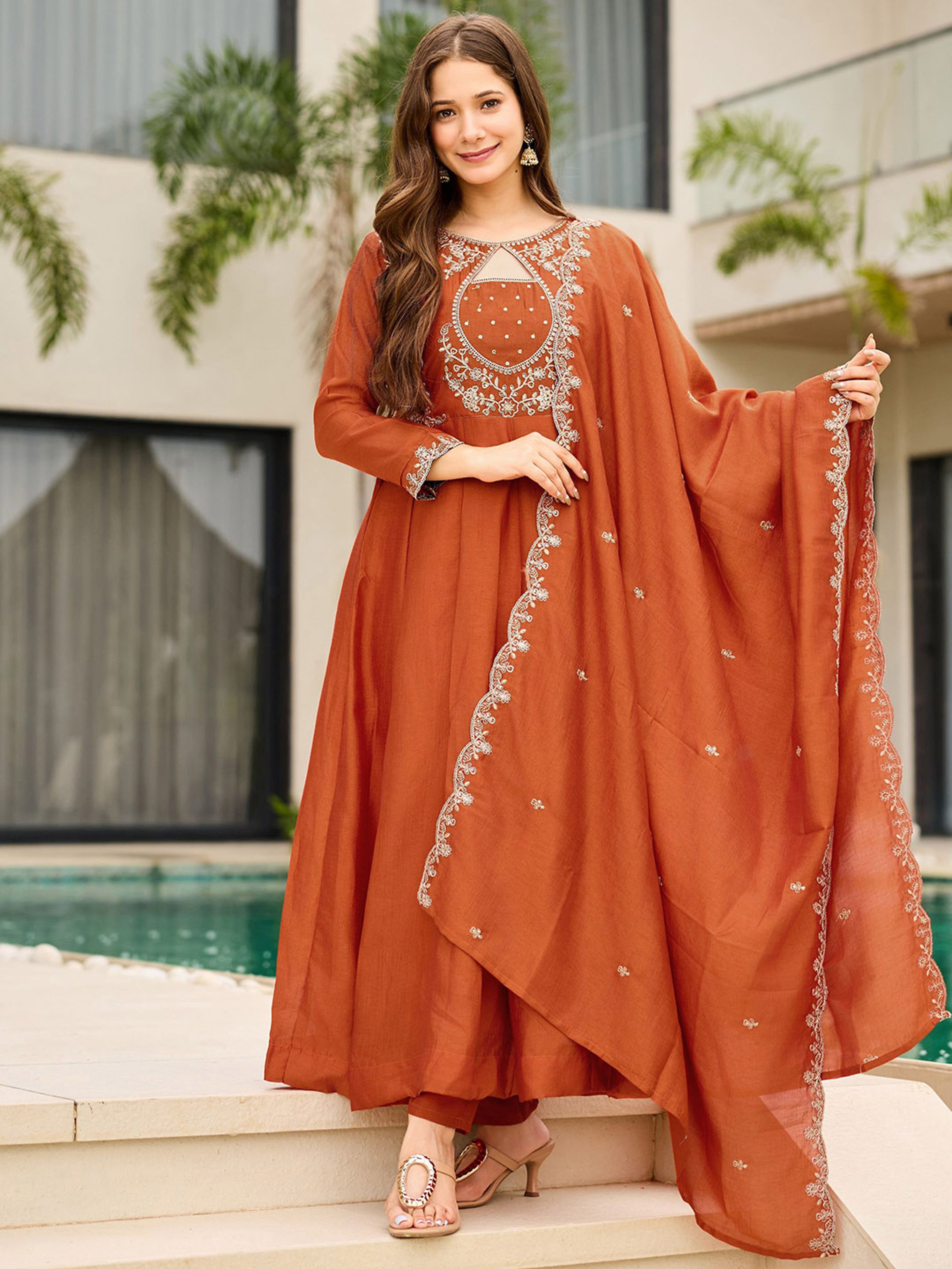 Burnt Orange Ornate Embroidered Kalidar Suit Set with Border Dupatta (Set of 3)