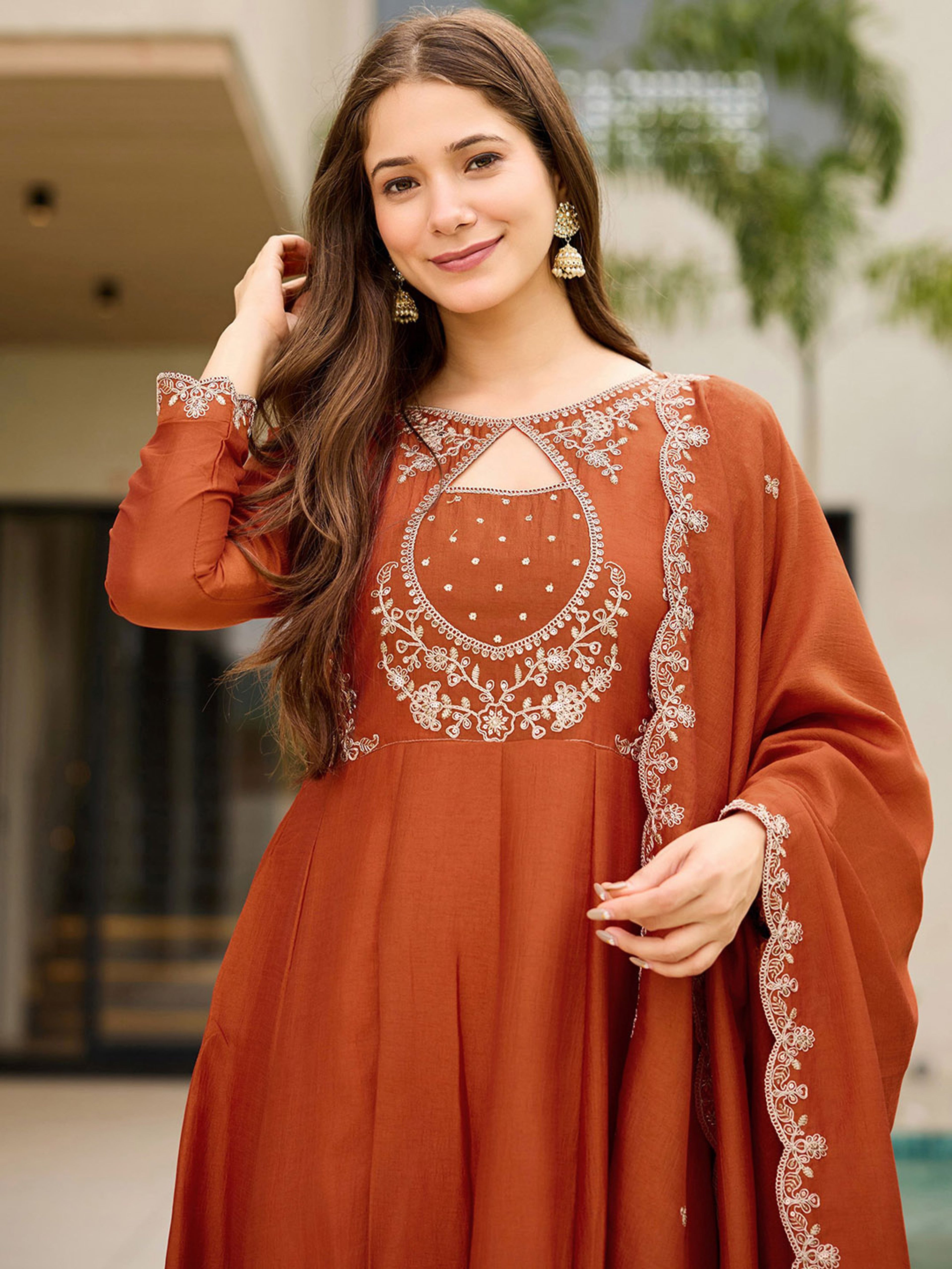 Burnt Orange Ornate Embroidered Kalidar Suit Set with Border Dupatta (Set of 3)