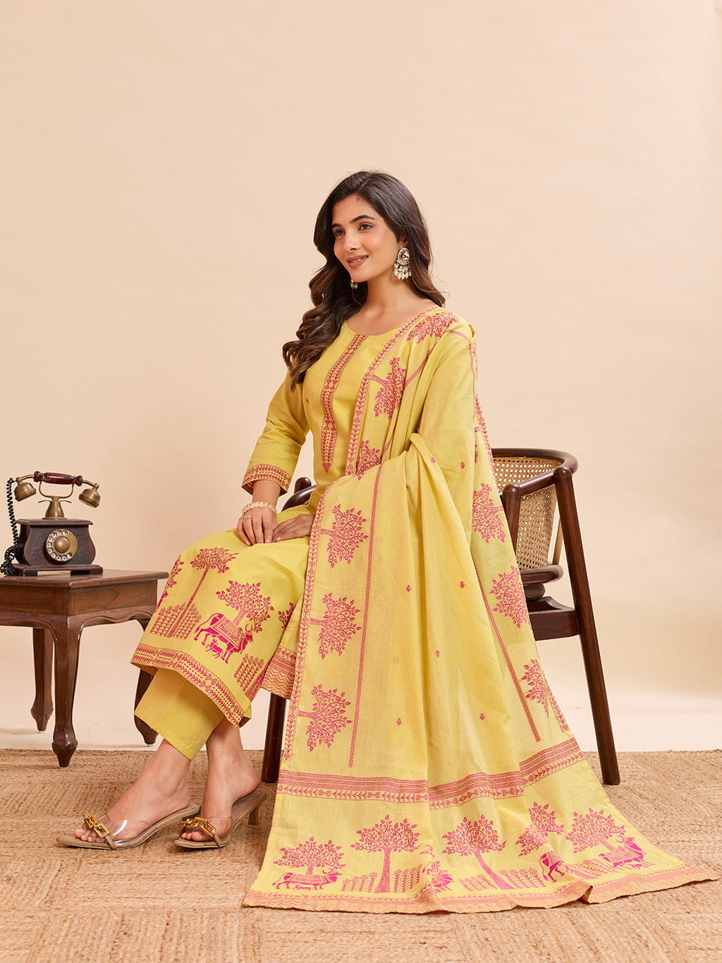 Lime Yellow Pichwai Cow & Tree Embroidered Cotton-Linen Kurta Set – 3 Piece Suit