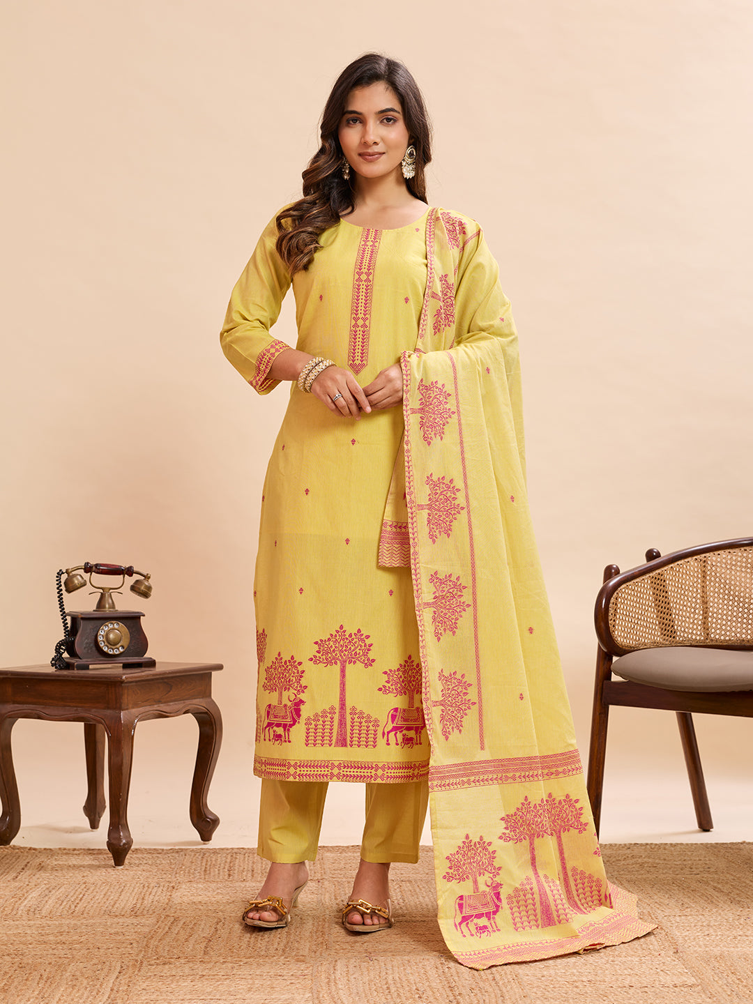 Lime Yellow Pichwai Cow & Tree Embroidered Cotton-Linen Kurta Set – 3 Piece Suit