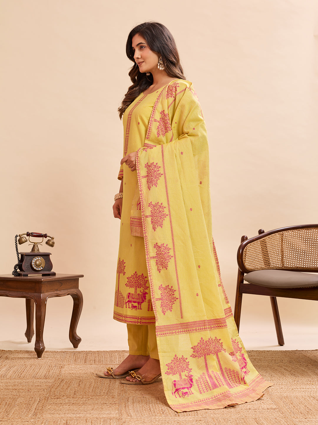 Lime Yellow Pichwai Cow & Tree Embroidered Cotton-Linen Kurta Set – 3 Piece Suit
