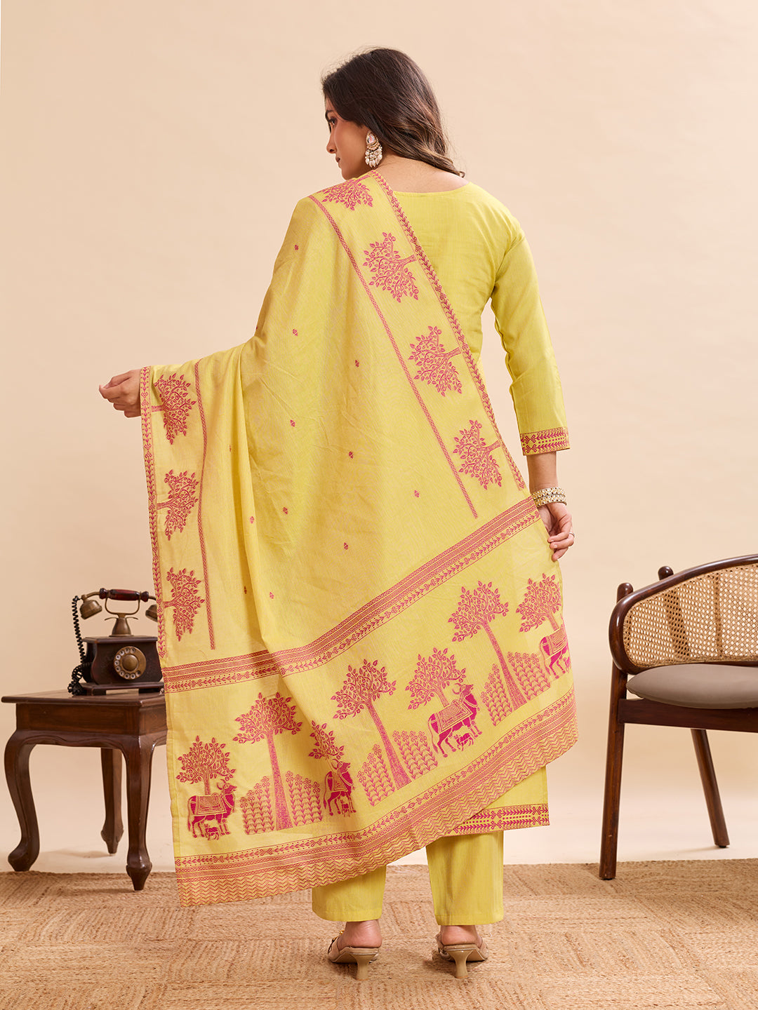 Lime Yellow Pichwai Cow & Tree Embroidered Cotton-Linen Kurta Set – 3 Piece Suit