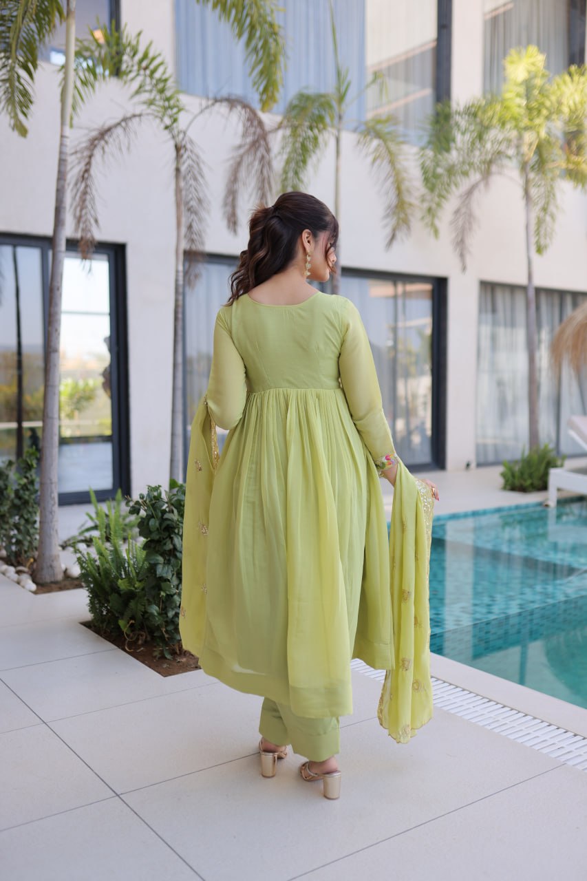 Luxury Lime Green Crape Silk Anarkali Set with Floral Embroidered Bodice and Dupatta