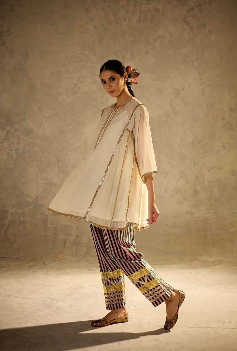 Ivory Kaftan Kurta with Hand-Embellished Striped Palazzo Set