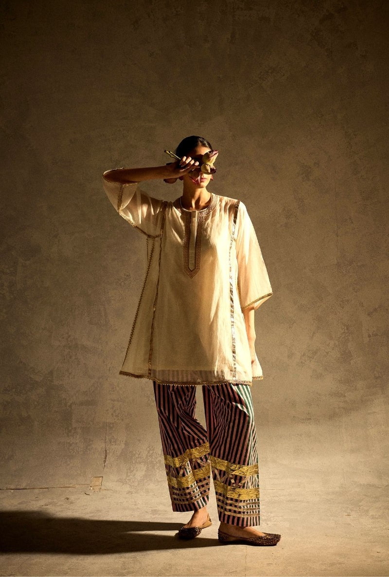 Ivory Kaftan Kurta with Hand-Embellished Striped Palazzo Set
