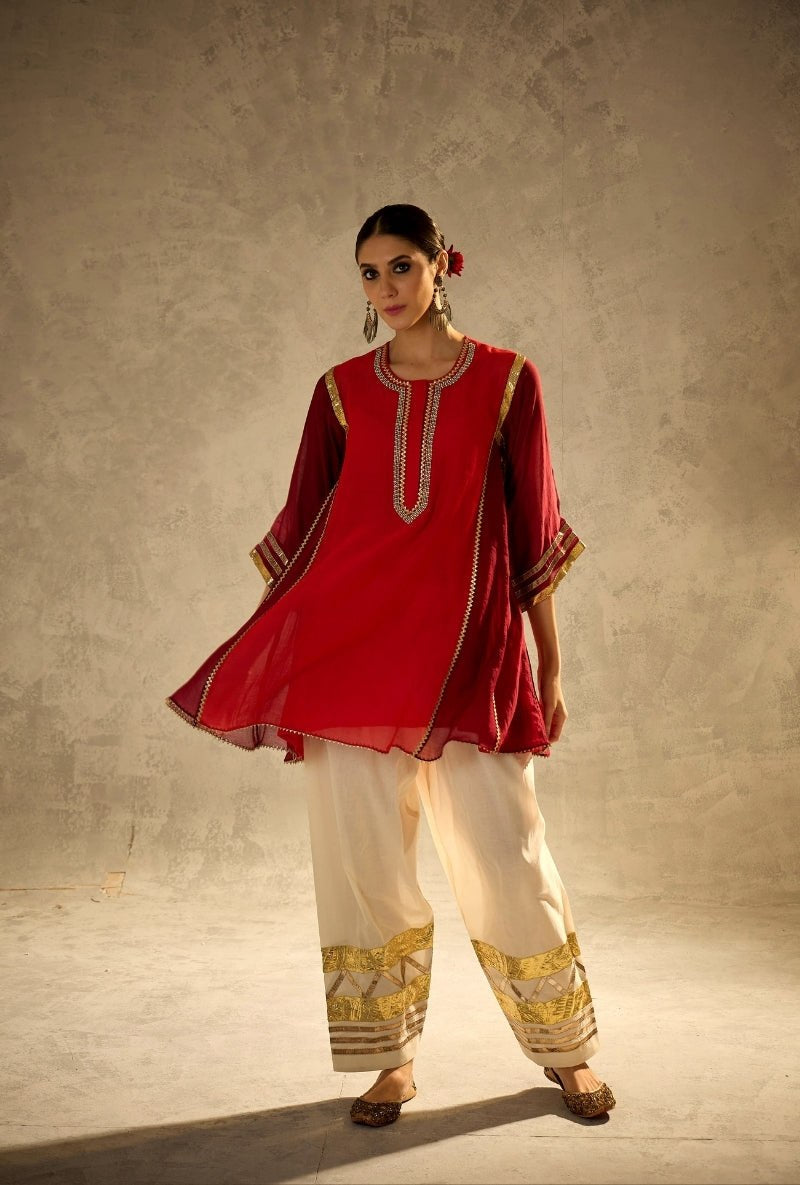 Ruby Red Mal Chanderi Cotton Kaftan Kurta with Ivory Palazzo Set