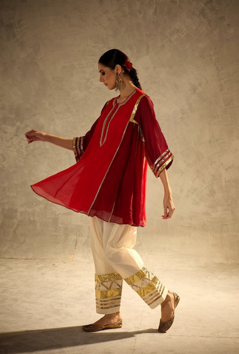 Ruby Red Mal Chanderi Cotton Kaftan Kurta with Ivory Palazzo Set