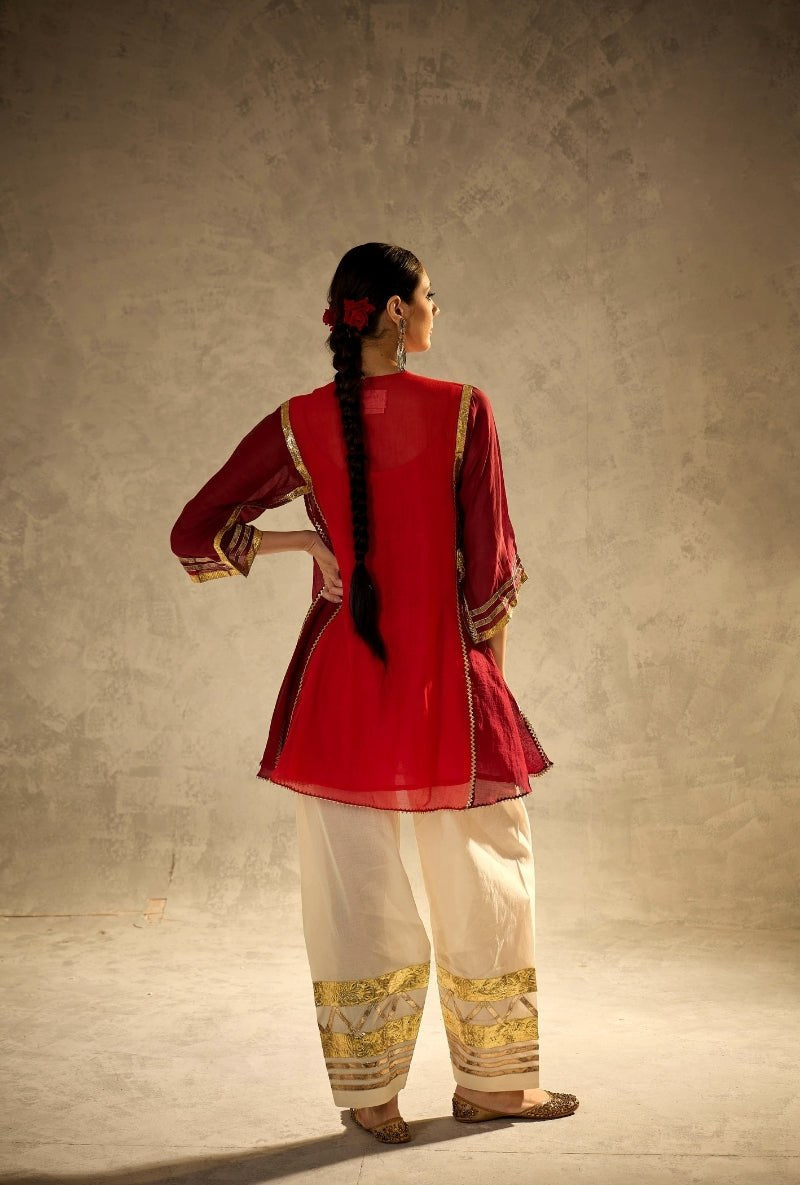 Ruby Red Mal Chanderi Cotton Kaftan Kurta with Ivory Palazzo Set