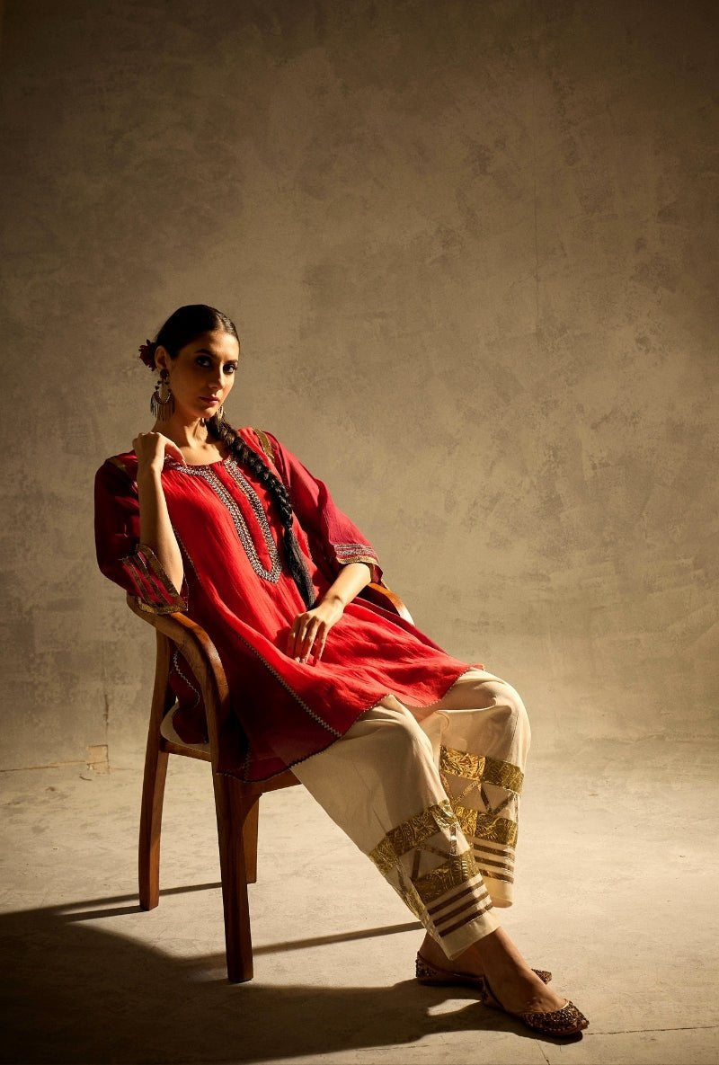 Ruby Red Mal Chanderi Cotton Kaftan Kurta with Ivory Palazzo Set