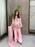 Luxury Pastel Pink Crape Silk Salwar Suit Set with Intricate Floral Embroidery & Organza Dupatta