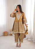 Luxury Metallic Gold Crape Silk Kurta Set with Mirror Work Neckline and Striped Pants