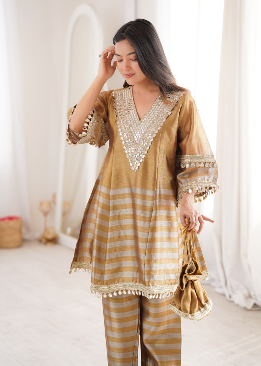 Luxury Metallic Gold Crape Silk Kurta Set with Mirror Work Neckline and Striped Pants