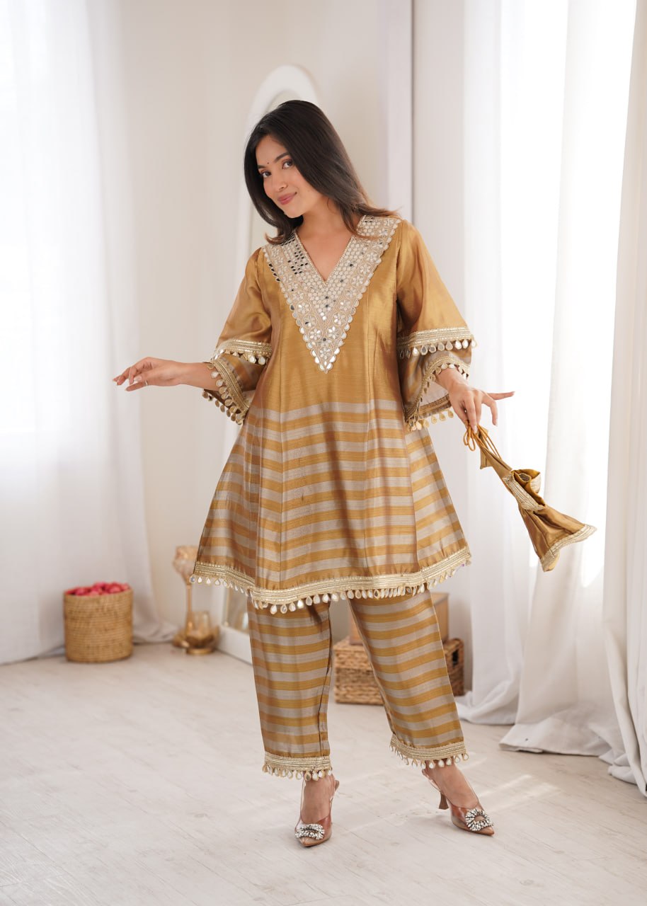 Luxury Metallic Gold Crape Silk Kurta Set with Mirror Work Neckline and Striped Pants